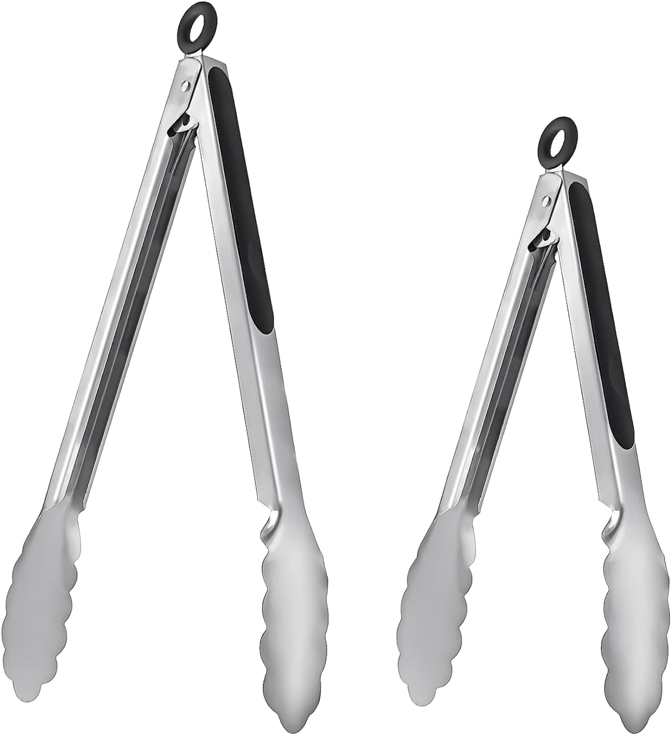 ALLTOP Metal Cooking Tongs,Stainless Steel Food Tong with No-slip Silicon and Locking Ring for Kitchen - 9 &12 inch,Set of 2-Black