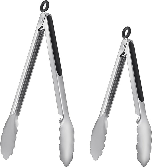 ALLTOP Metal Cooking Tongs,Stainless Steel Food Tong with No-slip Silicon and Locking Ring for Kitchen - 9 &12 inch,Set of 2-Black