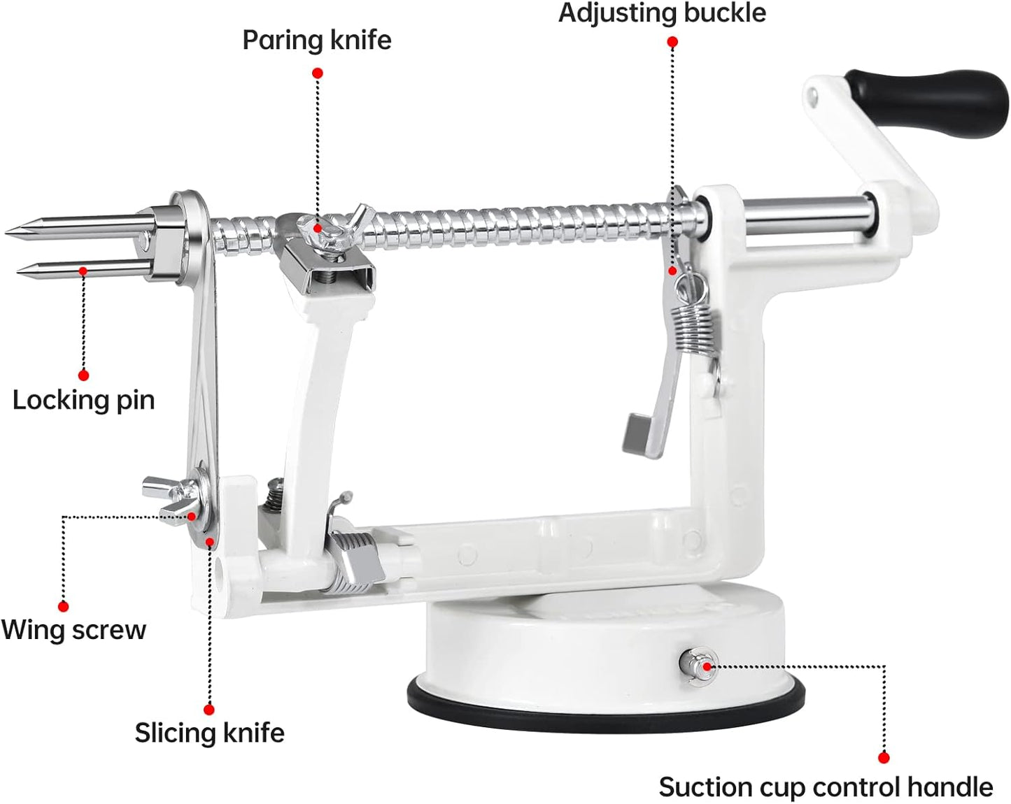 Apple Peeler Corer, Long lasting Chrome Cast Magnesium Alloy Apple Peeler Slicer Corer with Stainless Steel Blades and Powerful Suction Base for Apples and Potato(White)