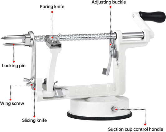 Apple Peeler Corer, Long lasting Chrome Cast Magnesium Alloy Apple Peeler Slicer Corer with Stainless Steel Blades and Powerful Suction Base for Apples and Potato(White)