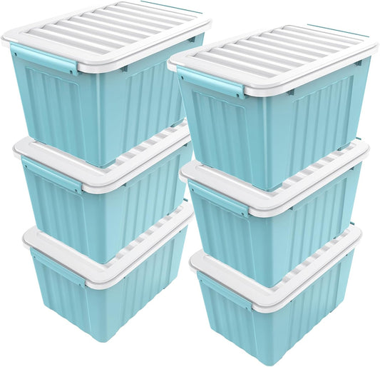 Nazhura 72 Quart Plastic Storage Bin, Stackable and Nestable Storage Boxes with Lids and Secure Latching Buckles, Large Storage Container (Blue, 72Quart-6Pack)