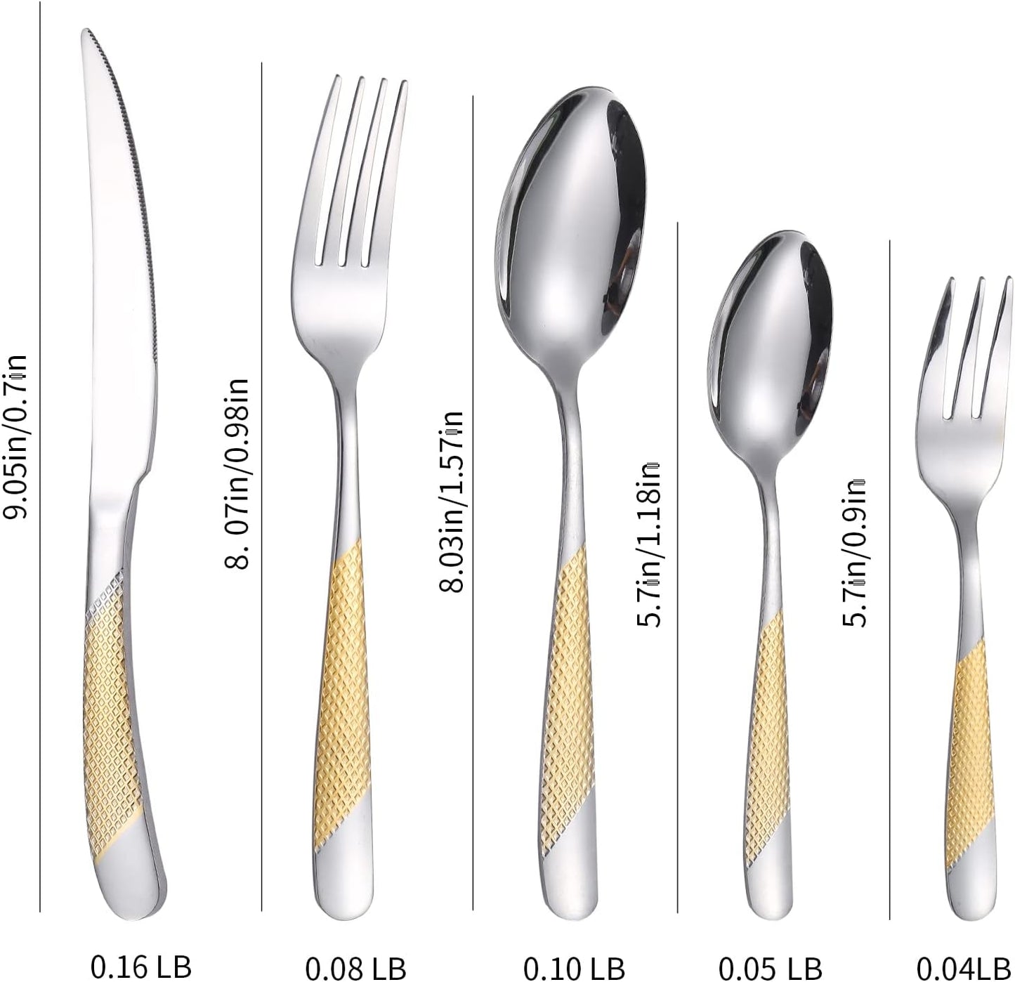 A·HOUSEWARE Hammered Silverware Gold and Silver Flatware Stainless Steel Cutlery Sets for 4 Forks Spoons knives Patten Handle Kitchen Utensils for Restuarant and Home