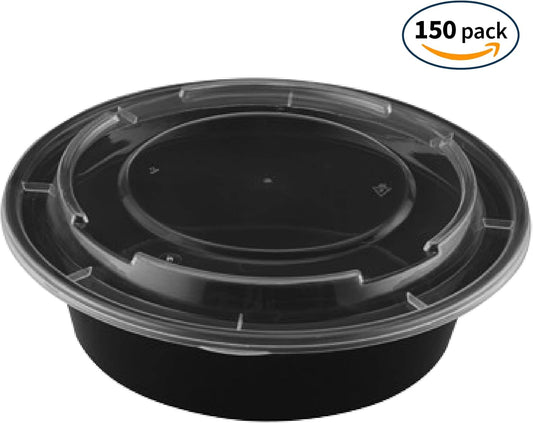 TIYA Food Containers – 24 oz Bulk 150 Pack with Lids – Plastic Food Storage To-Go Round Bowls – Reusable, Microwavable, Dishwasher Safe – Leak-Proof and Great for Meal Prep – BPA-Free