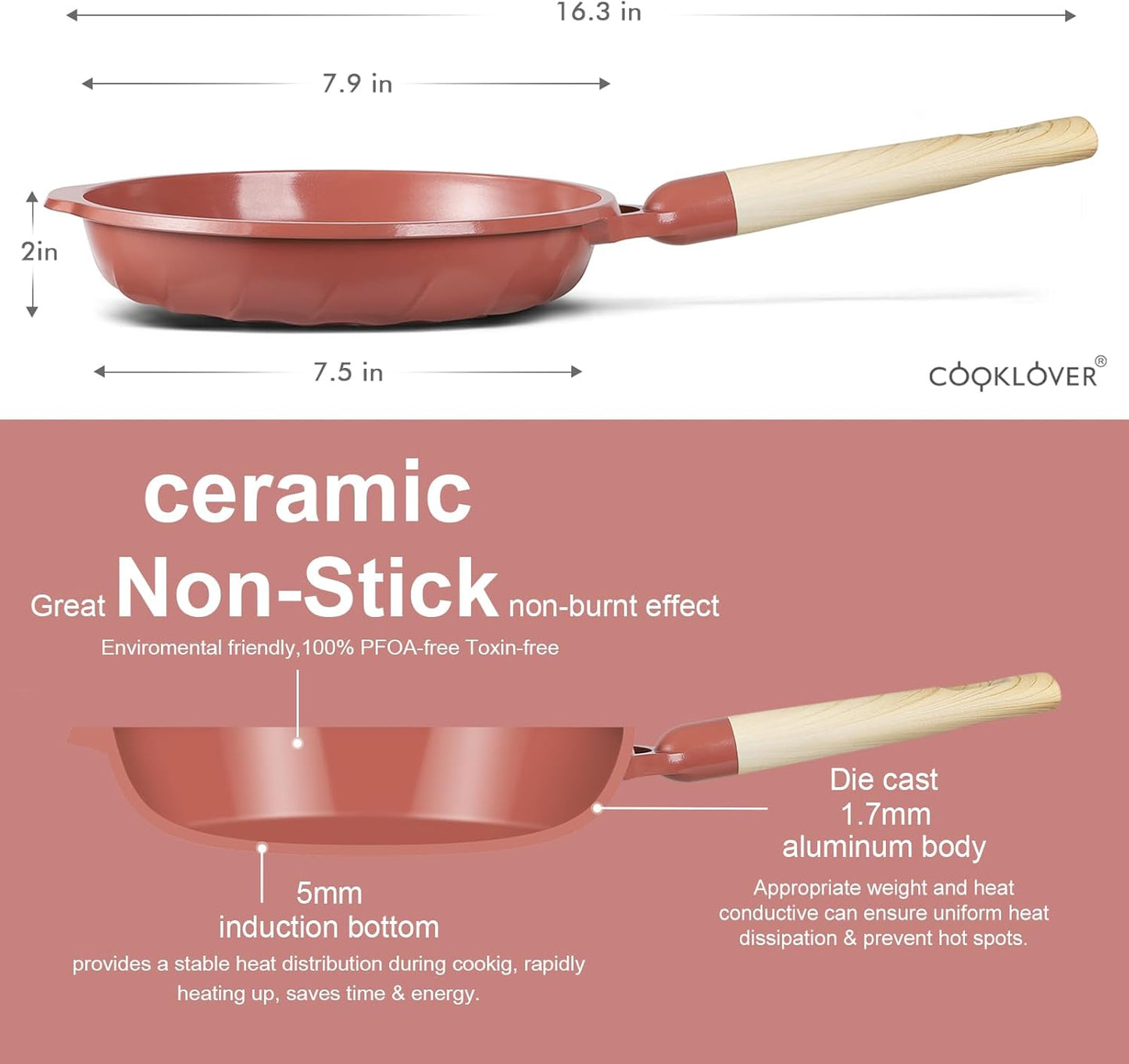 COOKLOVER Nonstick Frying Pan 100% PFOA Free Cookware Induction Skillet Stir Fry Pan (Coral, 7.9 inch)