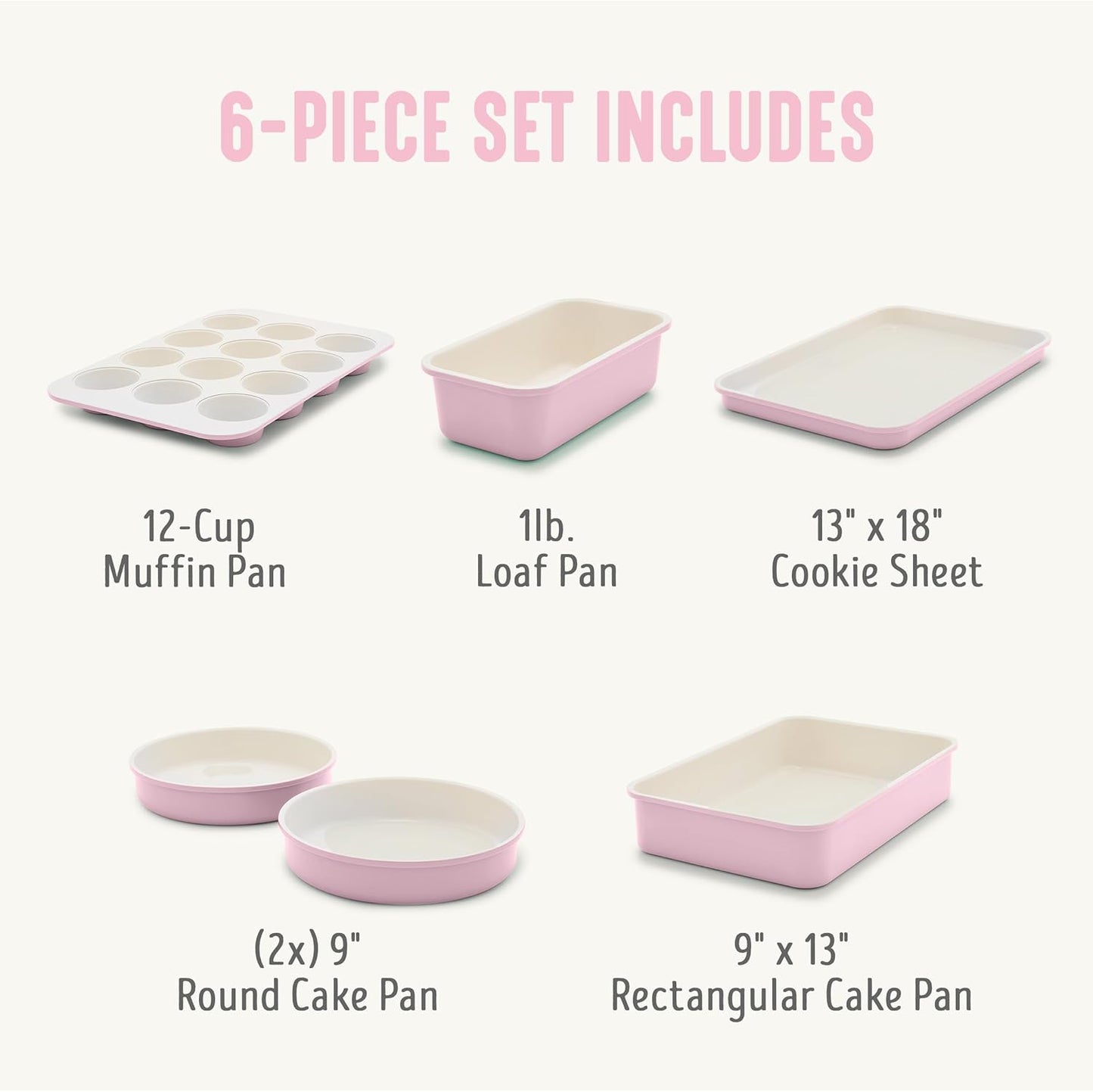 GreenLife 6 Piece Nonstick Bakeware Set, Non-Toxic PFAS-Free Ceramic Oven Pans, Dishwasher & Oven Safe to 450°F, Easy Release Baking Sheet, Loaf Pan, Rectangle & Round Cake, Muffin Pan, Pink