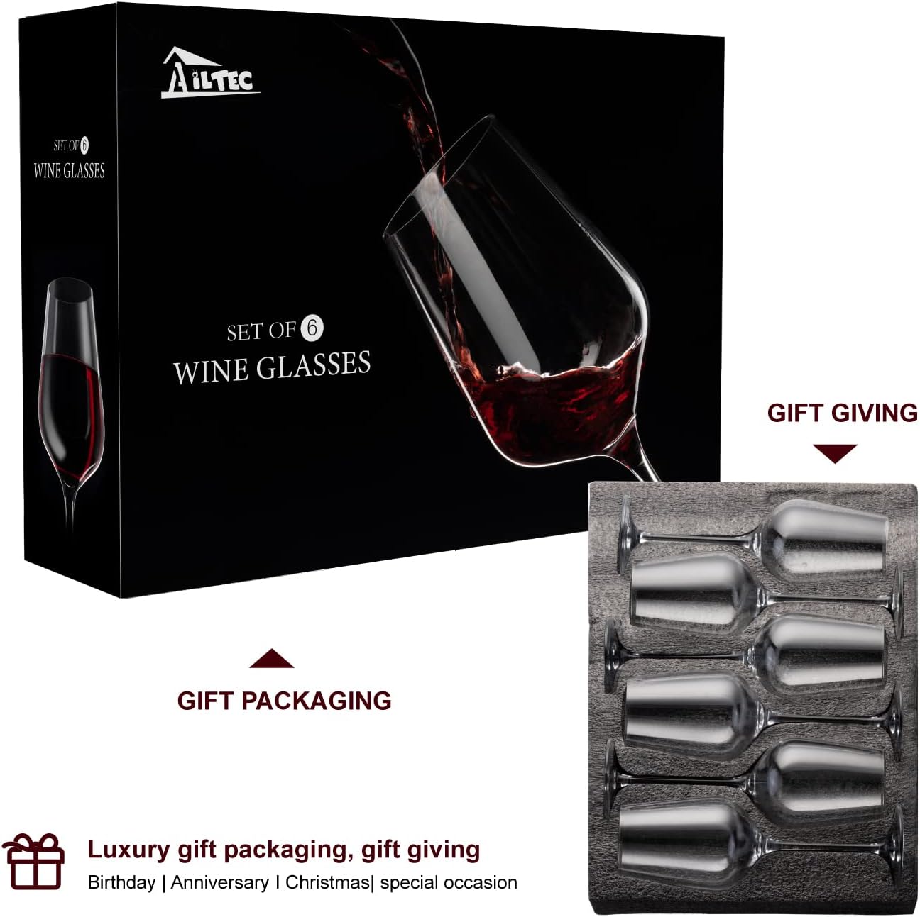 Wine Glasses Set of 6, Crystal Glass with Stem for Drinking Red/White/Cabernet Wine as Gifts Sets, Clear Lead-Free Premium Blown Glassware (19oz,6 pack)