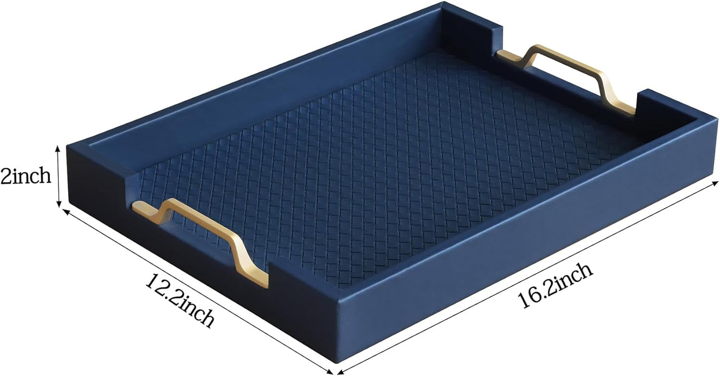 HofferRuffer Faux Leather Rectangle Serving Tray Decor Platter with Gold Metal Handles for Coffee Table, Breakfast, Tea, Food, Countertop, Kitchen, Butler Tray, 16.2 x 12.2 x 2 inches (Navy Blue)