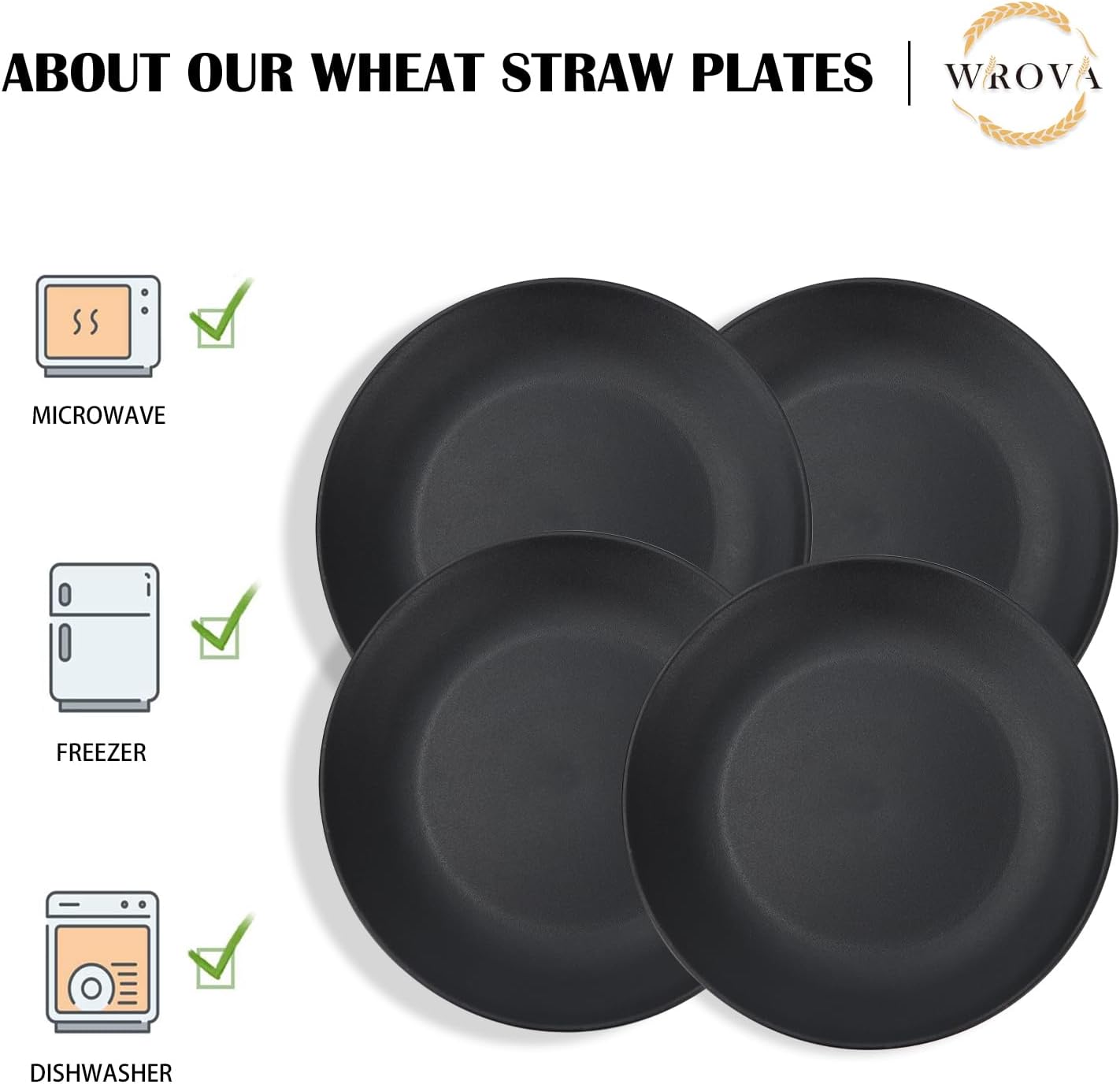 Wrova Wheat Straw Dinner Plates 9 Inch Unbreakable Set of 8 - Dishwasher & Microwave Safe Plastic Plates Reusable - Lightweight Plates for Kitchen,Camping,Apartment,Dorm,RV - Pure Black