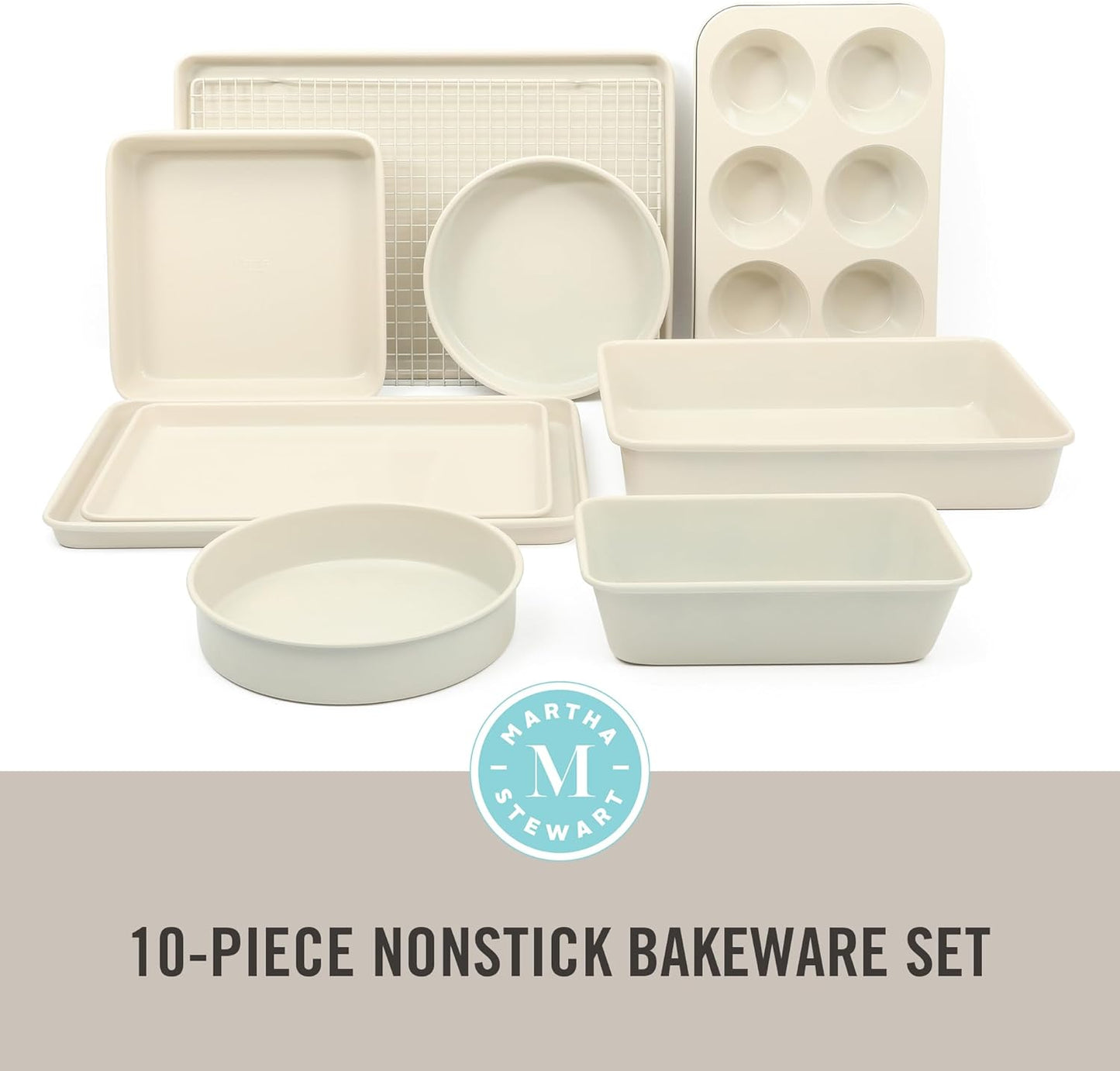 Martha Stewart Gallen 10 Piece Baking Pans Ceramic PFA Free Non Toxic Non Stick Bakeware Set - Linen White