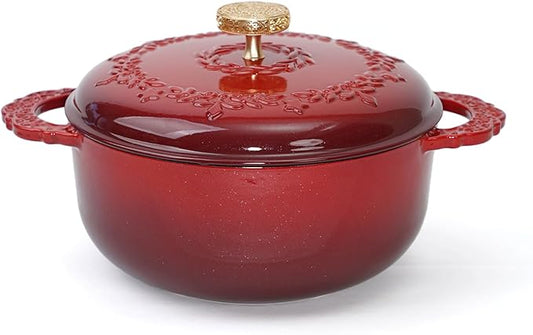 6 Quart Chip-resistant Enameled Cast Iron Dutch Oven Pot with Lid and Elegant Gold Hollow Knob With Handcrafted Inlaid Cubic Zirconia Detail, Safe For Bake,Stew, Braise, Boil, Deep Fry, Roast(Red)