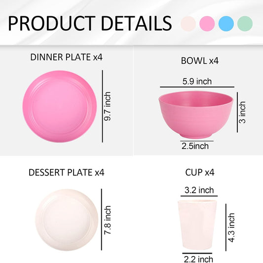 Rubtlamp Wheat Straw Plates and Bowls sets, Reusable Plastic Plate Set for 4, Kitchen Wheat Straw Dinnerware Sets (Spring Four Colors) Include Dinner Platos, Dessert Platos, Cereal Bowls, Cups