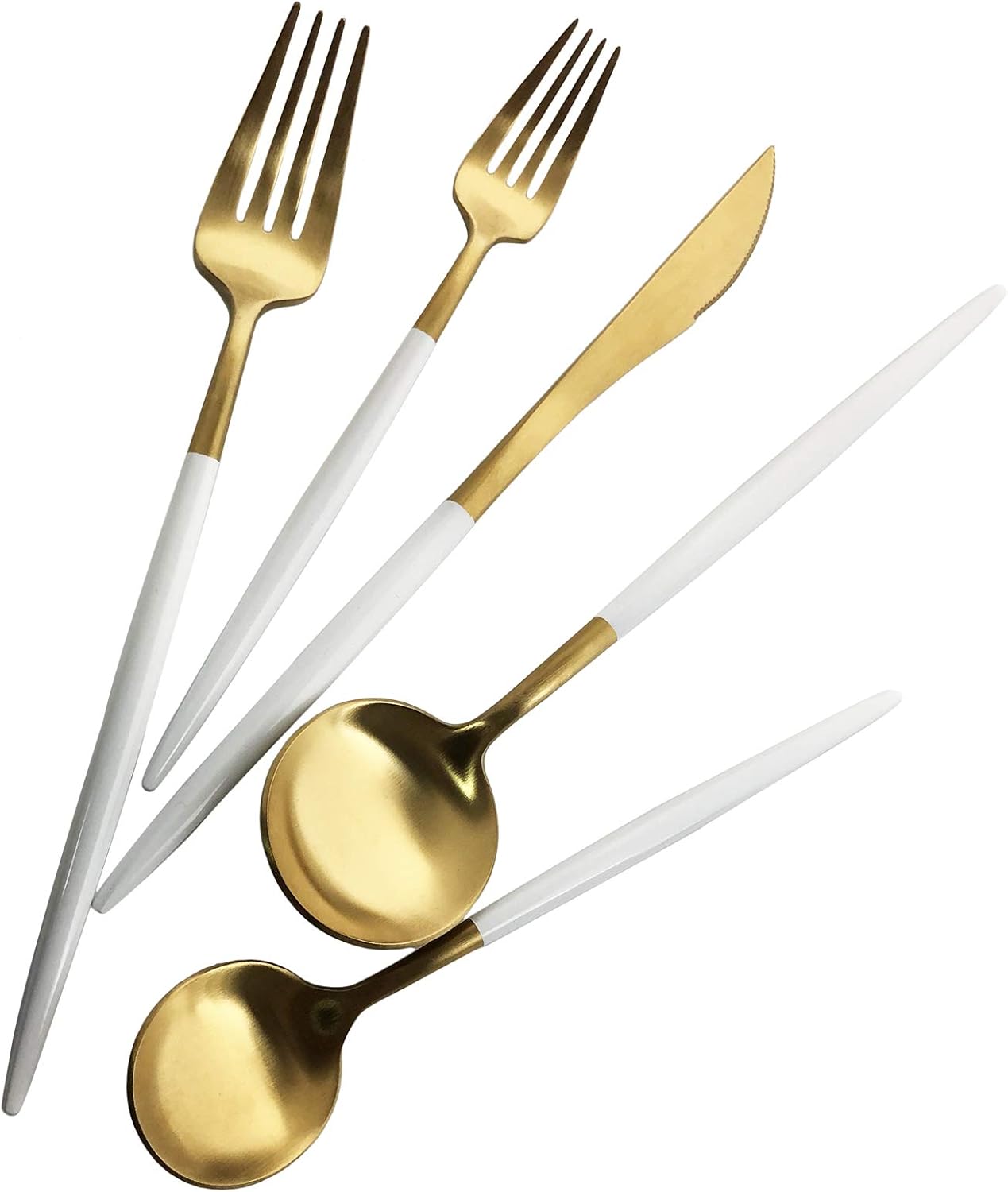 Silverware Set, Hand polished Matte Gold White Flatware Cutlery Set Service for 2, Satin Finish 10 Pieces 18/10 Stainless Steel Utensils Set for Home and Restaurant, Dishwasher Safe