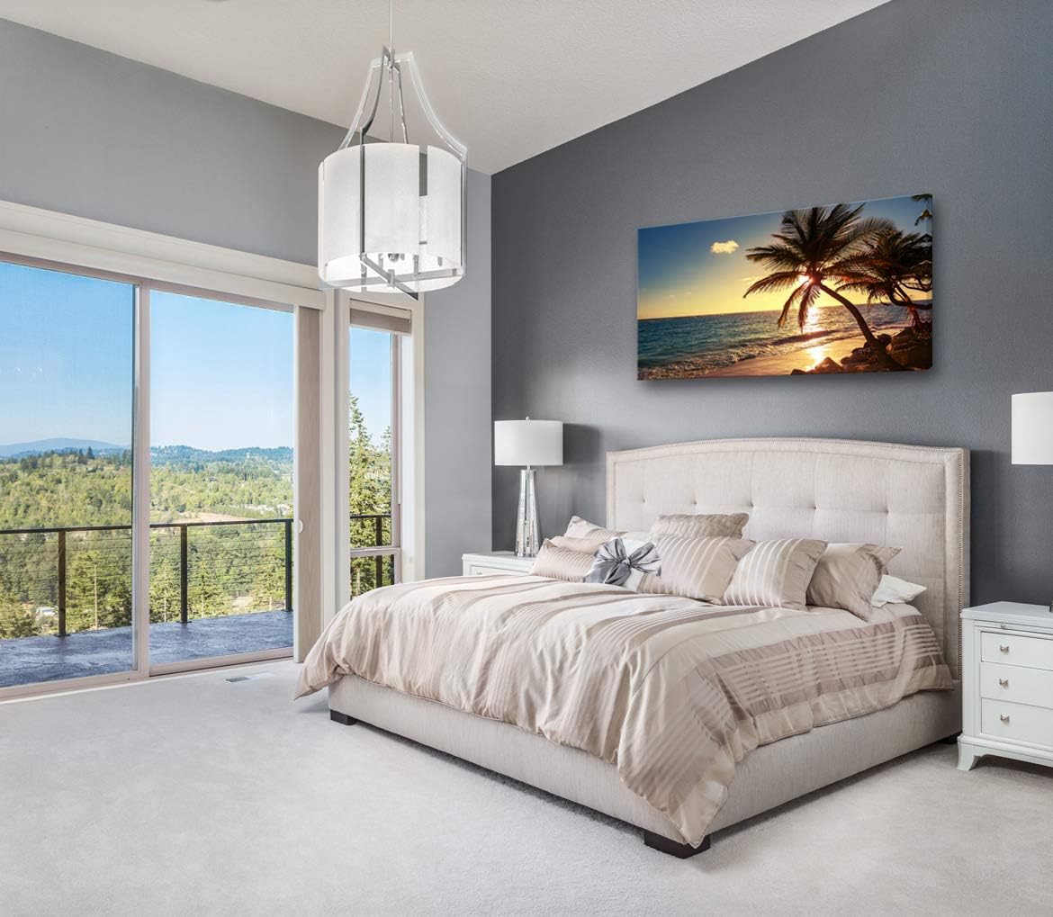 Muolunna S04950 Wall Art Decor Large Canvas Print Picture Sunset Ocean Beach Waves 1 Panel Coconut tree Scenery Modern Painting Artwork for Office Home Decoration Stretched and Framed Ready to Hang