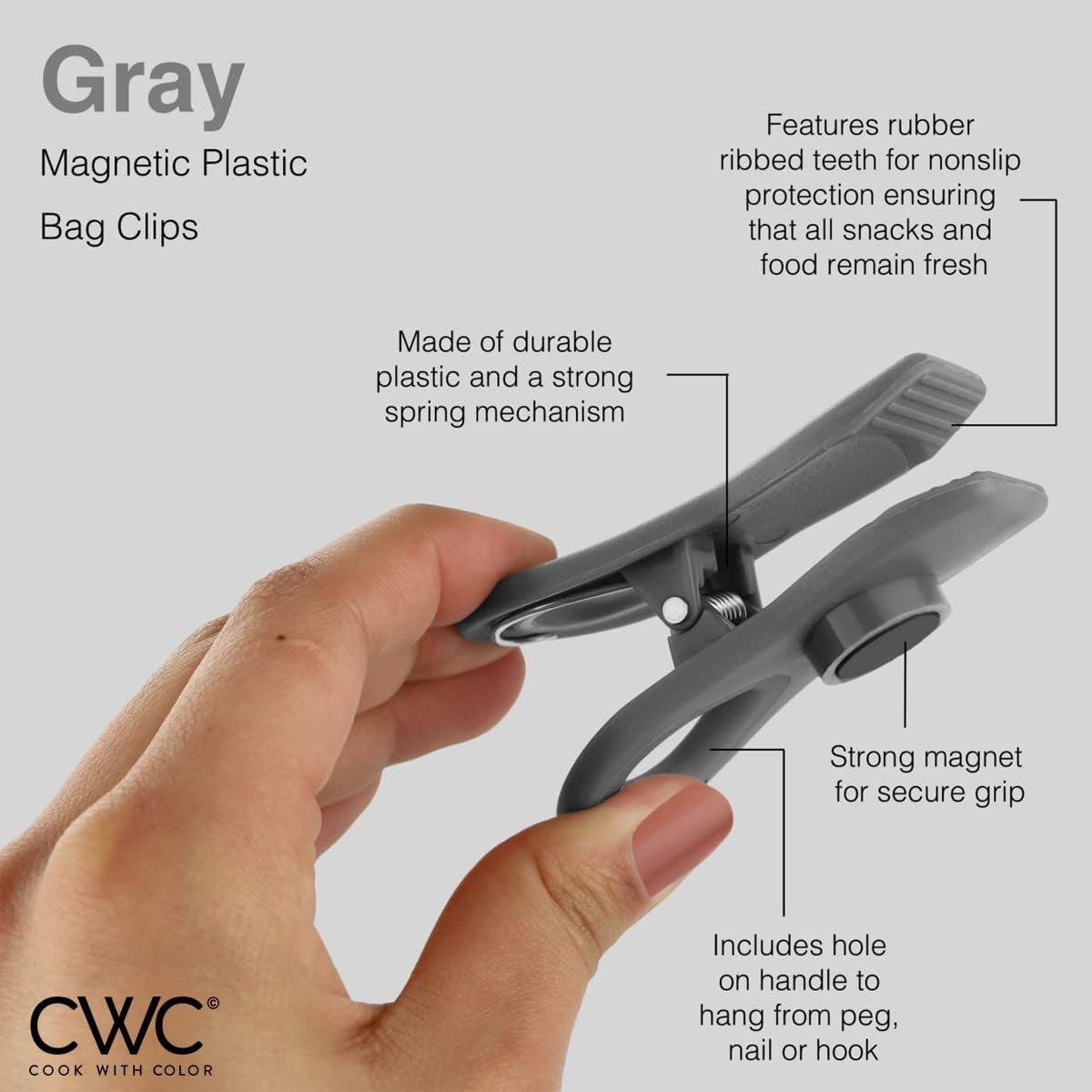 COOK WITH COLOR Bag Clips with Magnet- Food Clips, Chip Clips, Bag Clips for Food Storage with Airtight Seal Grip for Bread Bags, Snack Bags and Food Bags (Gray, Pack of 10)