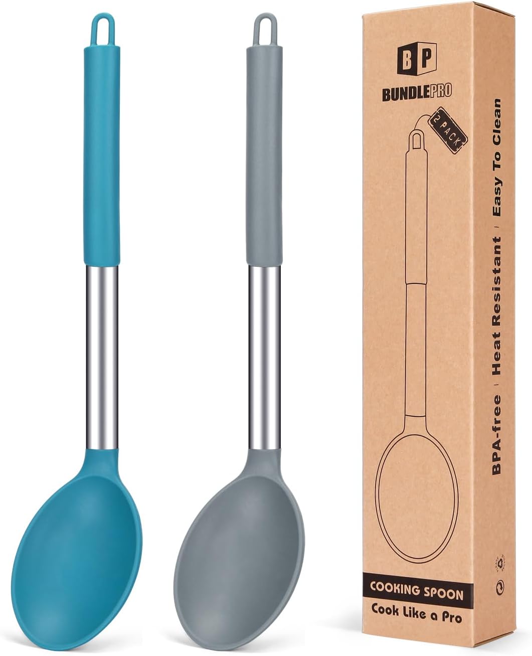 Pack of 2 Large Silicone Cooking Spoon Non Stick Solid Basting Spoons Heat-Resistant Kitchen Utensils for Mixing Serving (Gray-Blue)