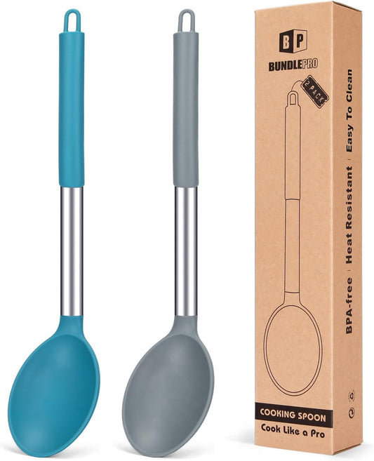 Pack of 2 Large Silicone Cooking Spoon Non Stick Solid Basting Spoons Heat-Resistant Kitchen Utensils for Mixing Serving (Gray-Blue)