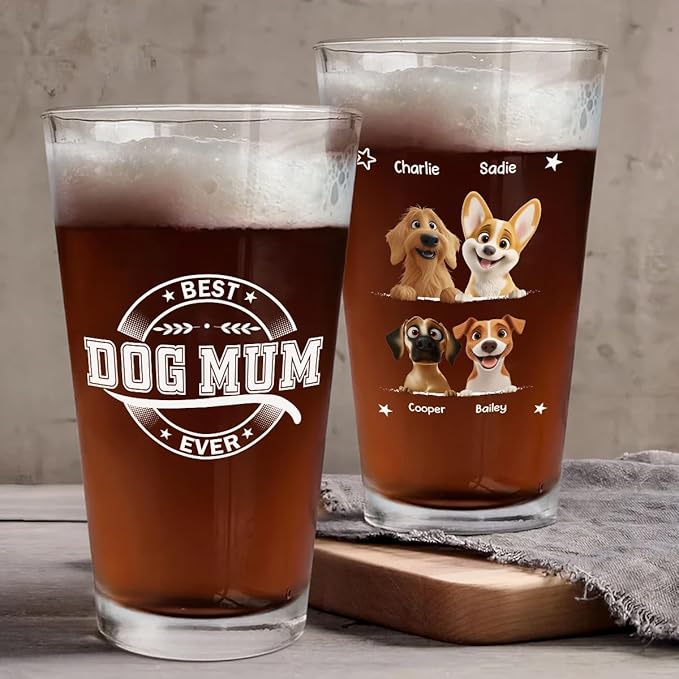 Wrappiness Best Mom Dad Logo Personalized Custom Beer Glass - 16oz Glassware for Beer Soda Cocktails - Gift for Dog Lovers, Father's Day, Birthday Gift for Parents (B01, 2 Dogs)