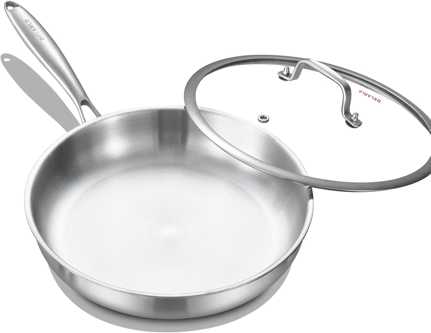 DELARLO Tri-Ply Stainless Steel Frying Pan with Lid, Compatible with All Cooktops Up to 600℉, Heavy Duty, 8 inch Fry Pan with Lid, Fast & Even Heat, 8 inch Skillet, 18/10 Stainless Steel Pan
