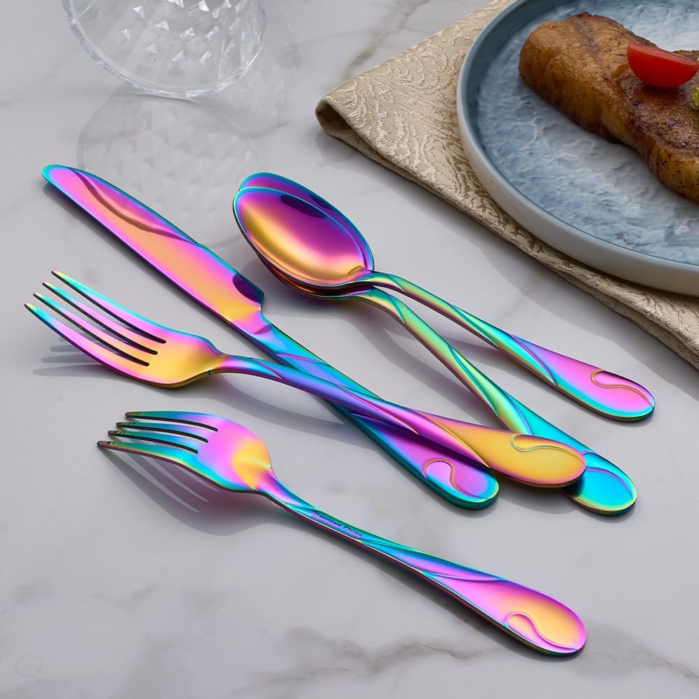 Rainbow Silverware Set for 8, 40-Piece Stainless Steel Flatware Set, Shiny Rainbow Metal Cutlery Set, Include Fork, Knife and Spoon Set, Dishwasher Safe