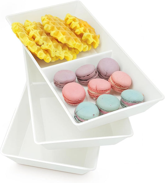 Divided Serving Tray Platter, 3 Pack 10" x 5" Fruit Veggie Food Tray for Party, Plastic Serving Trays for Appetizer, Snack, Dessert, Cookie, Brunch Decorations Platters, White Trays BPA-Free