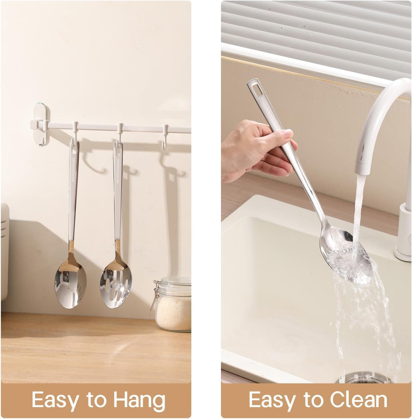 18/8 Stainless Steel Cooking Spoons Set - 2-Piece Solid Slotted Serving Spoon Cooking Utensils set for Pasta, Veggies, Salads (Dishwasher-Safe)