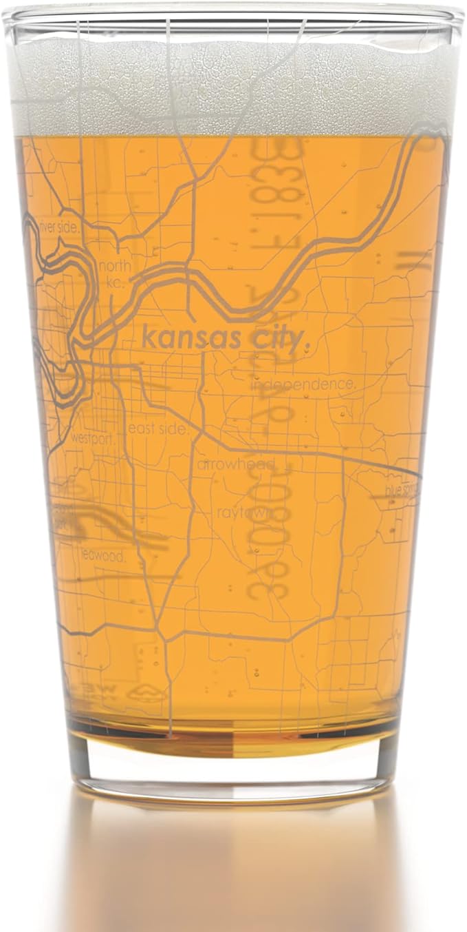 Well Told Engraved Kansas City Missouri Map Pint Glass, Etched Beer Gift (16 oz, Clear) City Map Pint, Custom City Glassware, Gifts For Beer Lovers
