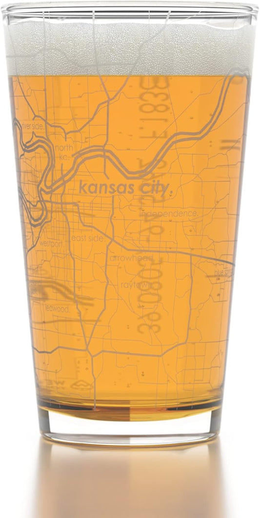 Well Told Engraved Kansas City Missouri Map Pint Glass, Etched Beer Gift (16 oz, Clear) City Map Pint, Custom City Glassware, Gifts For Beer Lovers