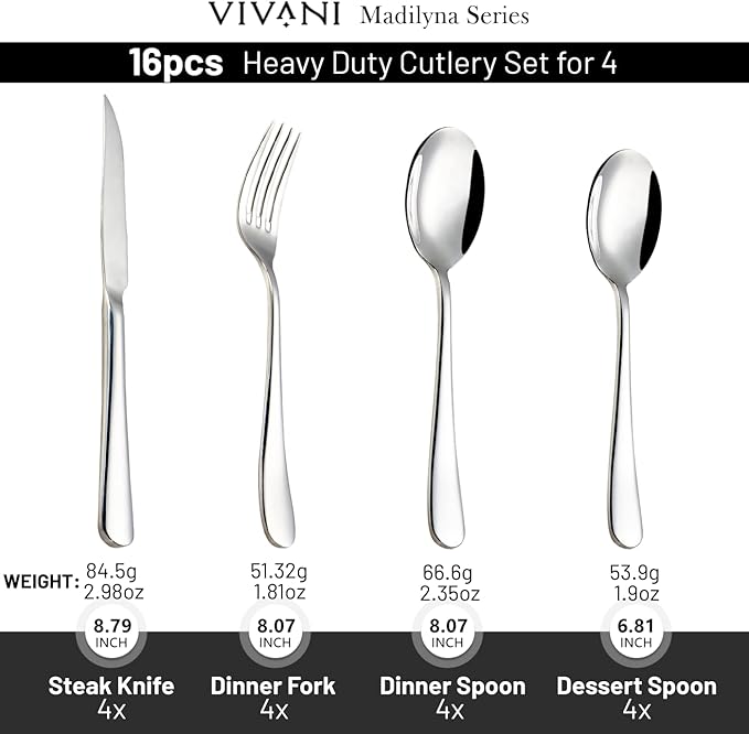 VIVANI 16 Piece Heavy Silverware Set, Forged Flatware Set with Steak Knives, Premium Stainless Steel Cutlery Set for 4, for Kitchen, Home, Wedding, Party, Mirror Polished and Dishwasher Safe
