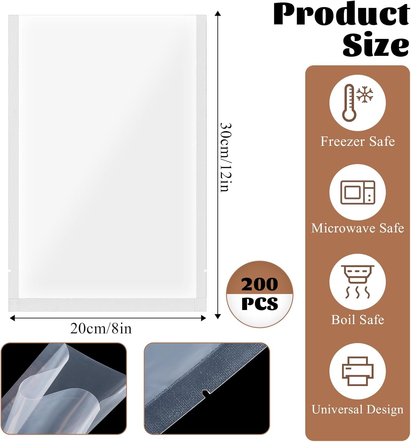 200 Quart Vacuum Sealer Bags for Food, 8" x 12" Precut Vacuum Sealer Bags, BPA Free Vacuum Seal Storage, 4mil Thick Vacuum Sealer Bags for Sous Vide and Freezer