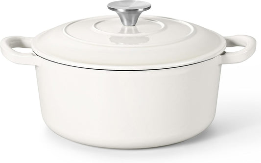 Herogo 3QT Enameled Cast Iron Dutch Oven with Lid, Heavy Duty Round Dutch Oven Pot with Dual Handles for Bread Baking Stewing Roasting, Safe for Various Stovetops, Nonstick & Easy Cleanup - White