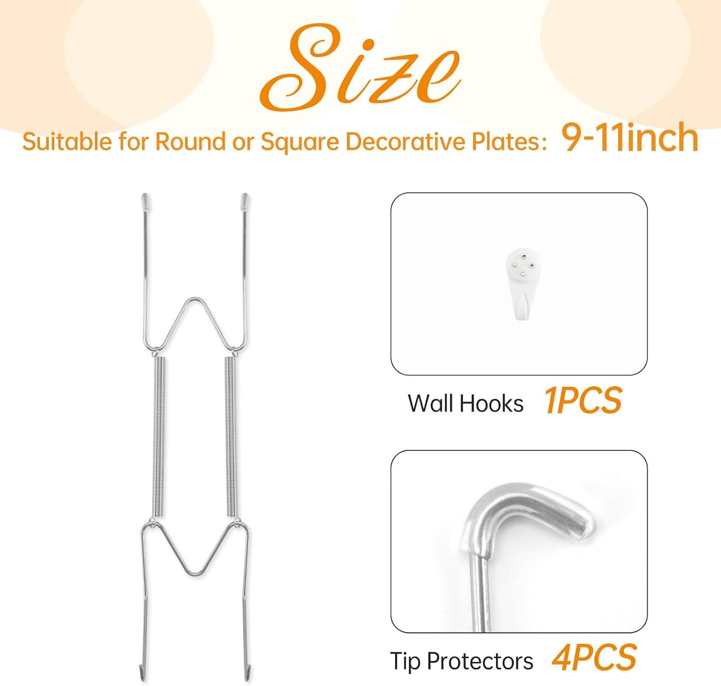 Plate Hangers for The Wall, Suitable for 9-11 inch Decorative Plate, Stainless Steel Wire Plate Holder with Wall Hooks and Rubber tip Protectors, Plate Hangers for Displaying Plates, Platter, Silver