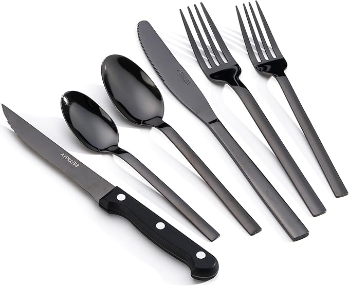 24 Pcs Silverware Flatware Service for 4, 18/0 Stainless Steel Tableware with Steak Knives, High Mirror Polished Cutlery Set in Ergonomic Design Size and Weight, Dishwasher Safe, Black