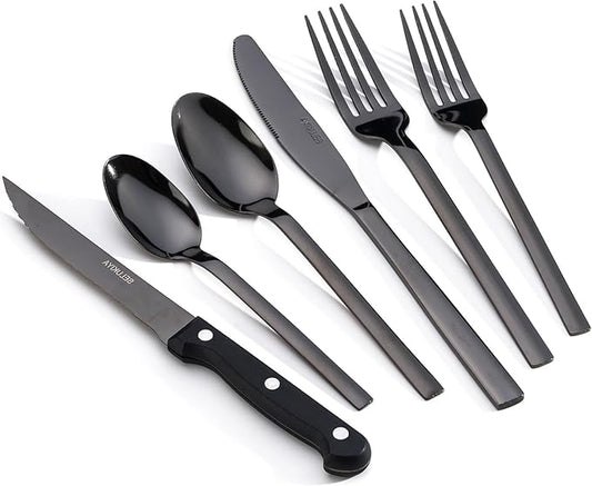 24 Pcs Silverware Flatware Service for 4, 18/0 Stainless Steel Tableware with Steak Knives, High Mirror Polished Cutlery Set in Ergonomic Design Size and Weight, Dishwasher Safe, Black