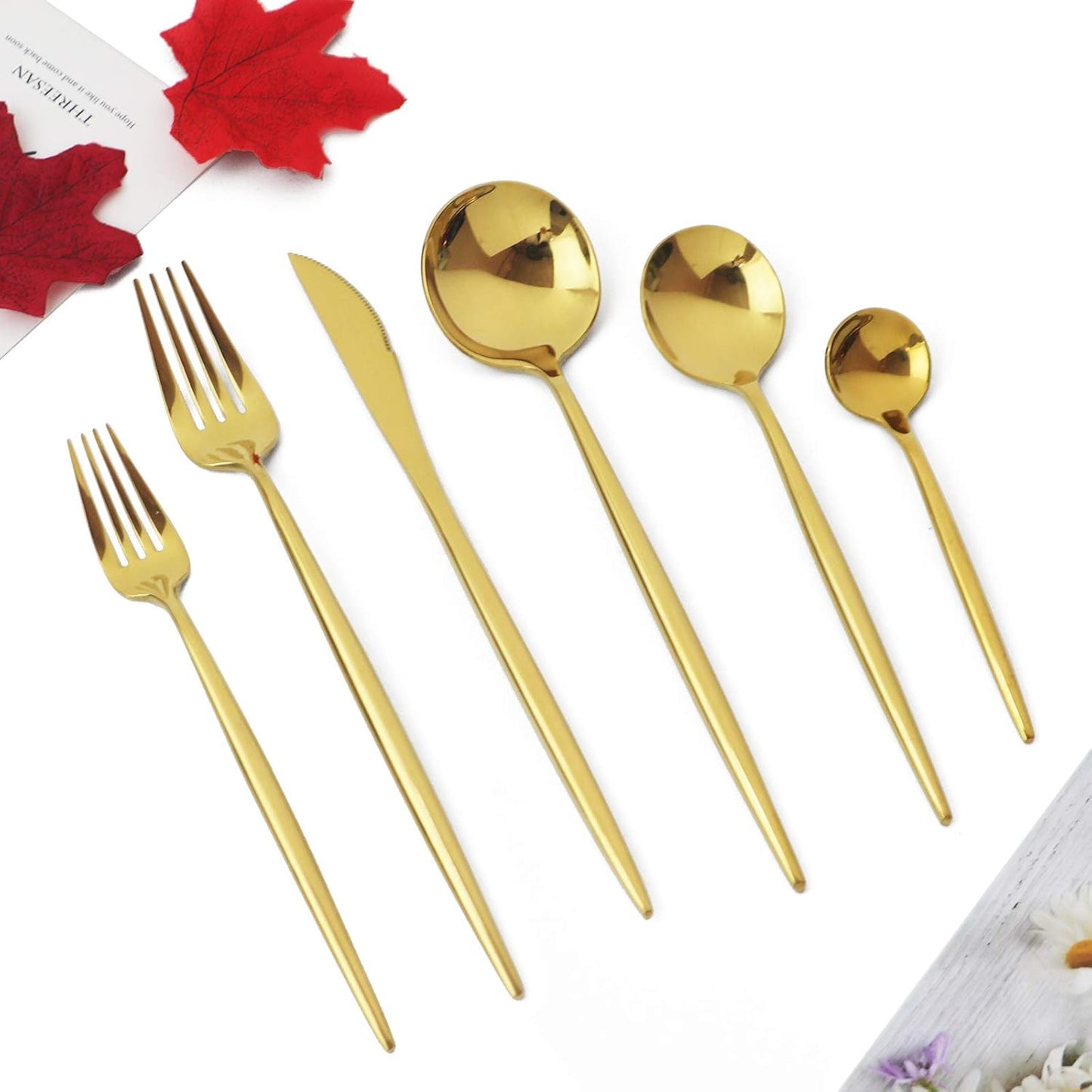 JASHII 24 Pieces Cutlery Flatware Set 304 Stainless Steel Home Kitchen Set, Mirror Polished, Knife/Fork/Spoon, Modern Elegant Tableware Set for Party, Christmas, Dinner (Gold)