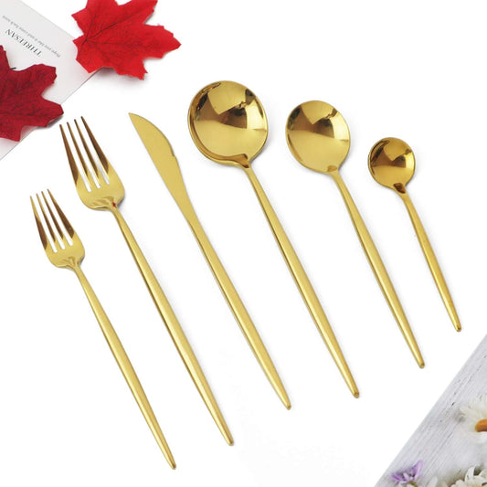 JASHII 24 Pieces Cutlery Flatware Set 304 Stainless Steel Home Kitchen Set, Mirror Polished, Knife/Fork/Spoon, Modern Elegant Tableware Set for Party, Christmas, Dinner (Gold)