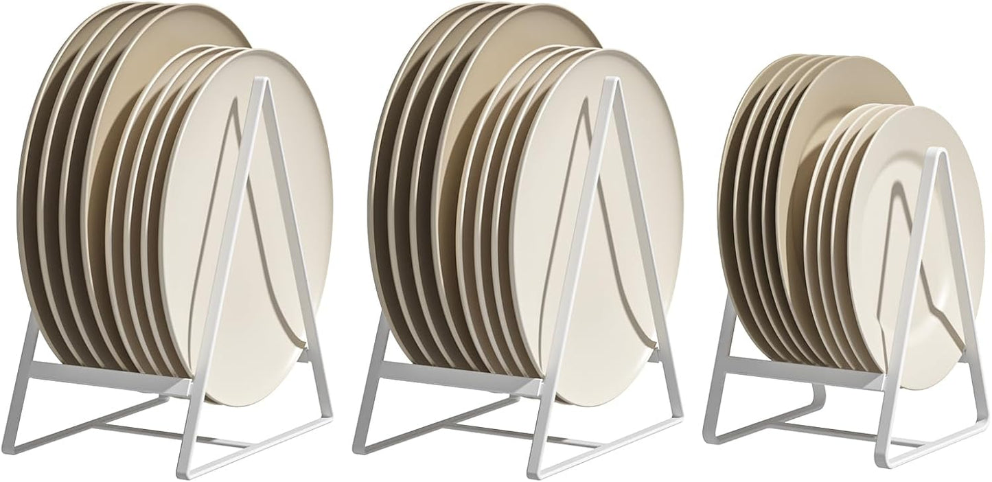 2 Large 1 Small Triangle Plate Holders Organizers Upright Cabinet Dish Drying Racks Metal Plate Dish Organizers Racks Stands for Countertop and Cupboard White