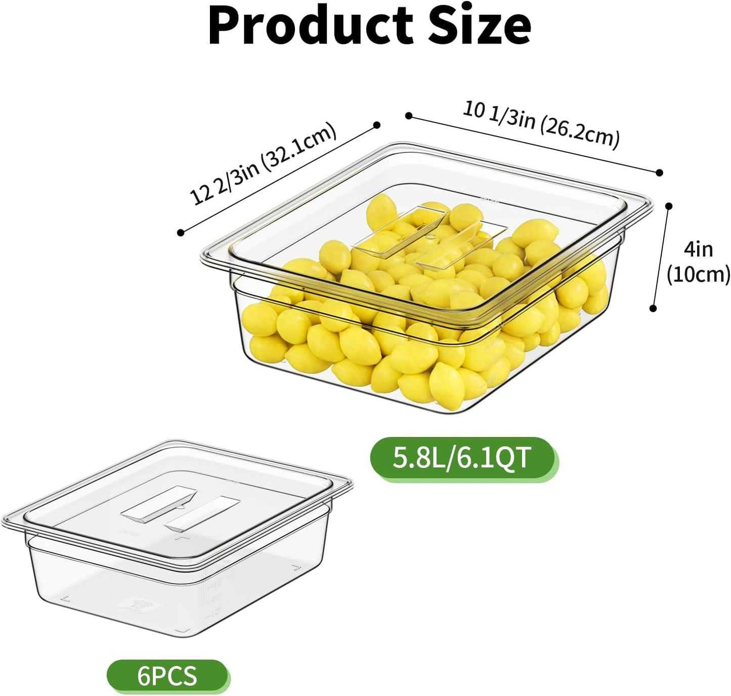 1/2 4'' 6 Pack Plastic Food Pans With Lids, Clear Food Pan, Commercial Stackable Polycarbonate Freezer-Safe for Fruits Vegetables Restaurant Kitchen