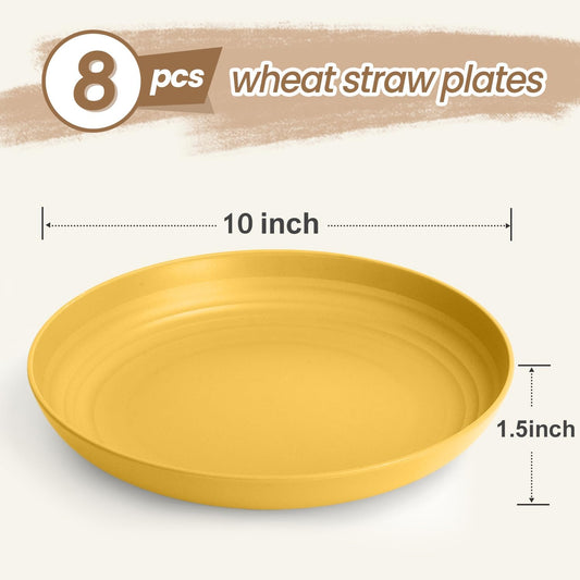 Wheat Straw Plates 10 Inch Deep Dinner Plate Set of 8, Lightweight and Unbreakable Plastic Plates Reusable, Microwave & Dishwasher Safe Kitchen Plate (Multi Colors)