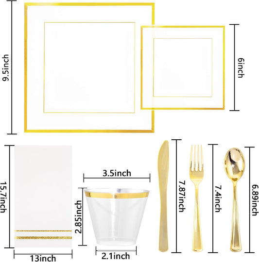 Festiva 350Pcs Clear Plastic Plates with Gold rim - Clear Gold Disposable Dinnerware for 50 Guests includeSquare Plastic Plates/Cups/Cutlery/Napkins Perfect for Thanksgiving Party&Wedding &Xmas
