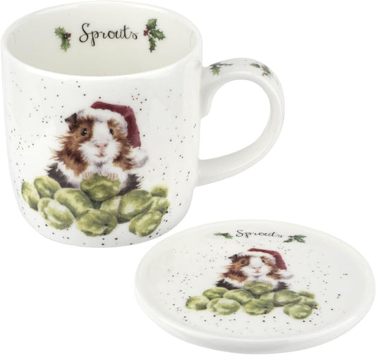 Royal Worcester Wrendale Designs Sprouts 11 Oz Mug & Coaster Set, Fine Bone China Coffee Mug with Adorable Guinea Pig in Santa Hat, Dishwasher & Microwave Safe - Festive Gift for Animal Lovers