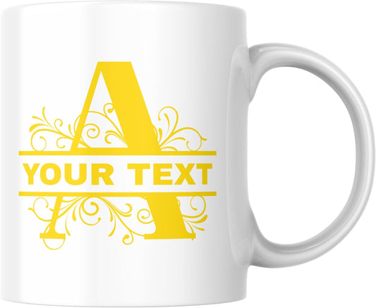 Customizable 11oz Coffee Mug - Sublimated Printed Mugs with Personalized Text, Names, and Initials. Perfect as Gifts for Men and Women for Birthdays (White Mug) (Monogram Yellow)