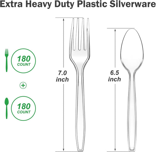 360 Count Extra Heavy Duty Clear Plastic Forks and Spoons, 180 Forks & 180 Spoons, Heat Resistant, Disposable Plastic Silverware Set