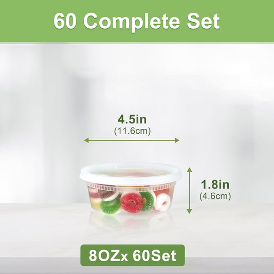 60 Sets (120-Piece) Deli Containers with Lids 8 oz, Leak-Proof & BPA Free Airtight Takeout Plastic Food Storage Containers for Soup, Freezer/Microwave/Dishwasher Safe