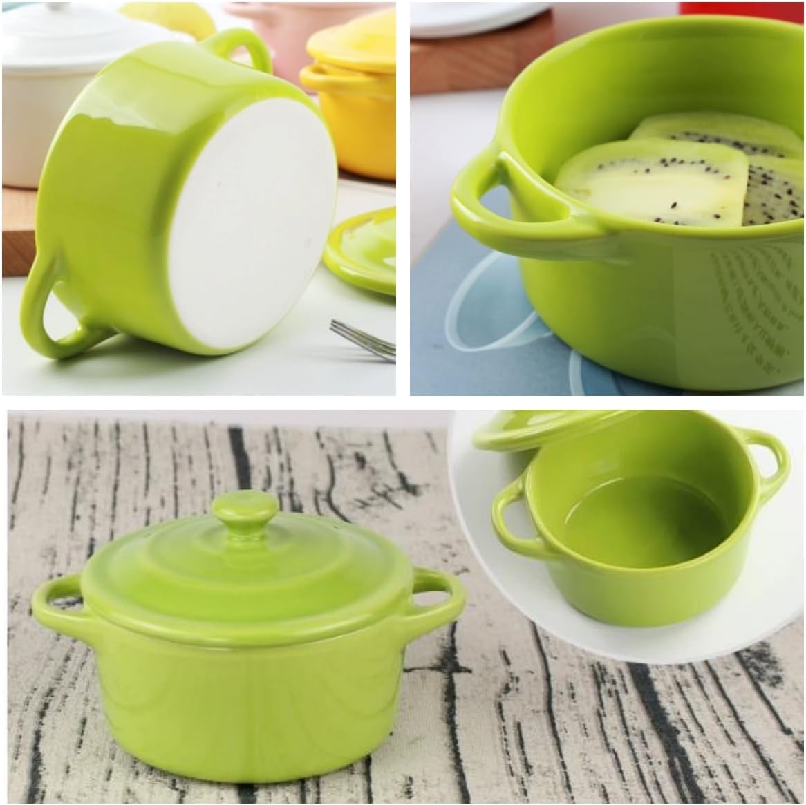 7 OZ Mini Ceramic Candy Bowl Small Candy Dish with Lid Cute Ceramic Bowl for Baking,Dessert,Snack,Fruit,Yogurt,Ice Cream,Cereal,Dipping,Side Dishes,Microwave Freezer Safe(green)