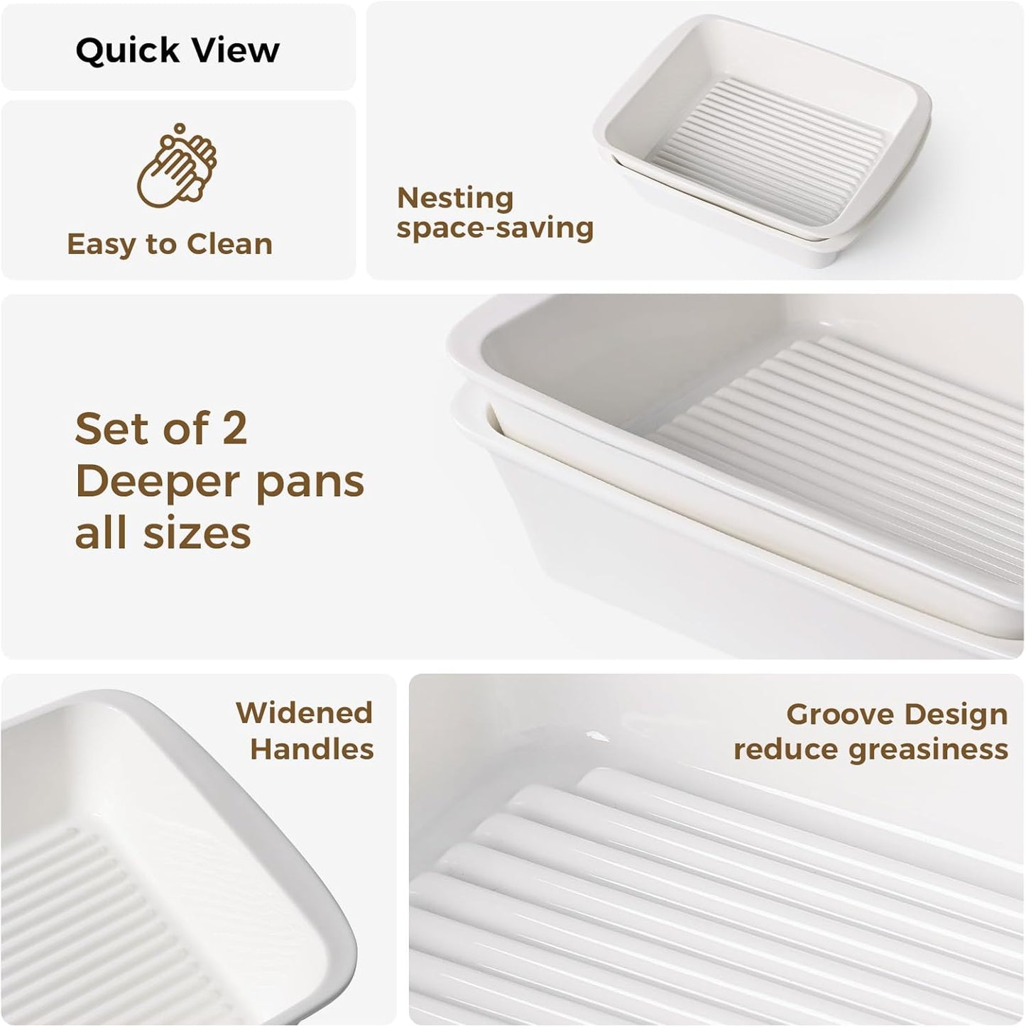 Baking Dish for Oven, 9.3'' x14'' Ceramic Casserole Dish, Lasagna Pan, Oven Safe Bakeware Sets with Handles, Microwave, Dishwasher Safe, Home Decor, Wedding Gift, White, Set of 2