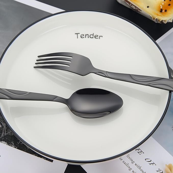Black Silverware Set, 30 Pieces Stainless Steel Flatware Utensils, Cutlery Set Service for 6 Including Fork Spoon and Knife, Dishwasher Safe