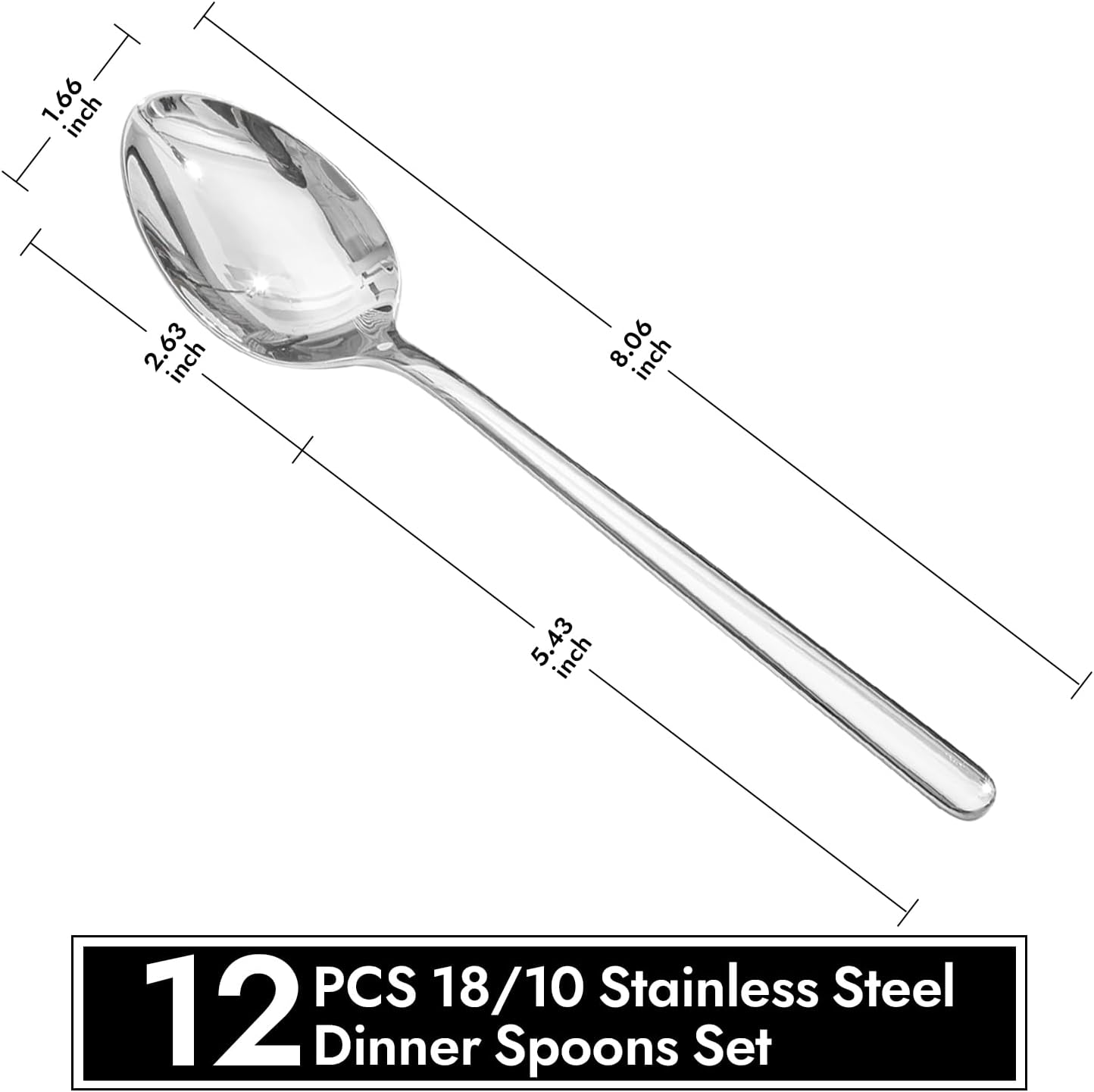 KINGSTONE Dinner Spoons Set of 12, 8 Inch 18/10 Stainless Steel Spoon Cutlery Table Spoons for Home, Kitchen & Restaurant, Dishwasher Safe