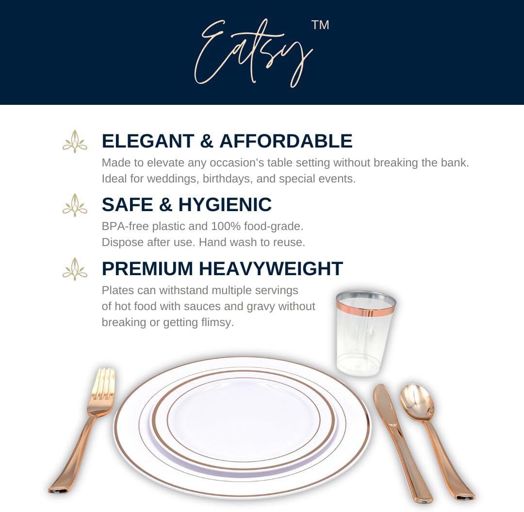 Tableware Dinnerware Set, Premium Heavyweight, Reusable or Disposable Party Plates, Includes Dinner Plate, Dessert Plate, Cutlery, and Cup (Rose Gold, 150-Piece Set, Serves 25 Guests)