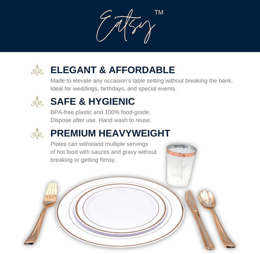 Tableware Dinnerware Set, Premium Heavyweight, Reusable or Disposable Party Plates, Includes Dinner Plate, Dessert Plate, Cutlery, and Cup (Rose Gold, 150-Piece Set, Serves 25 Guests)