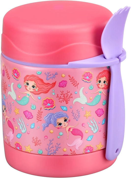 10oz Soup Thermo for Hot Food Kids Insulated Food Jar,Thermo Hot Food Lunch Container, Width Mouth Stainless Steel Lunch Box for Kids with Spoon (Pink-mermaid)